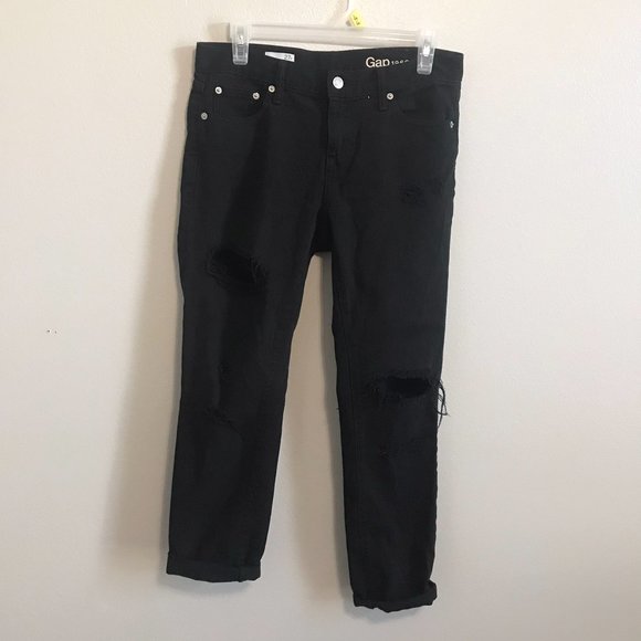GAP Black Midrise Distressed Girlfriend Straight Leg Jeans Size 27R - Picture 2 of 8